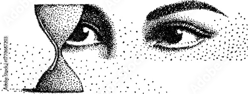 Surreal black and white hourglass and human eyes merging illustration for design