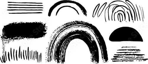 Minimalist abstract black and white doodle set featuring parallel lines and arches
