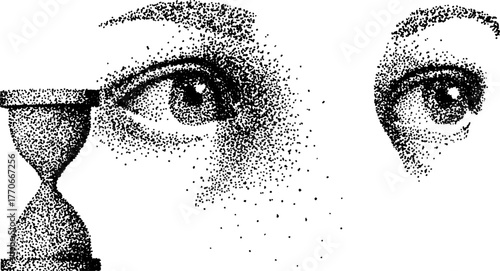 Surreal black and white artwork of hourglass and human eyes fusion