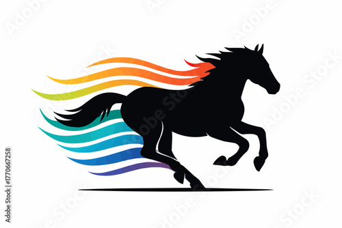 A bold black vector illustration of a running horse silhouette with a flowing mane and tail, perfect for equestrian and farm animal designs