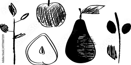 Minimalist black and white doodle set featuring abstract fruit designs for creative projects