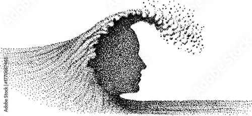 Abstract black and white ocean wave with human face in dotwork style