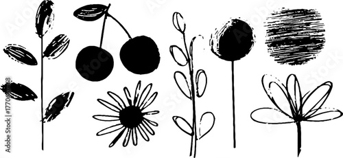 Minimalist abstract black and white doodle set with botanical elements for creative design
