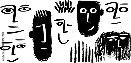 Minimalist abstract black and white doodle portraits collection