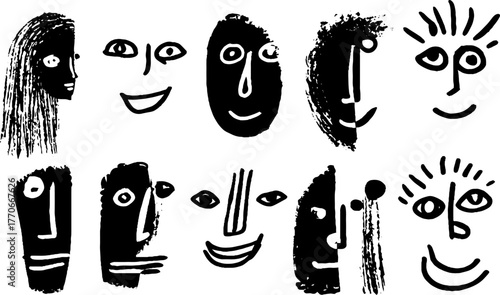 Minimalist abstract black and white doodle portraits collection for artistic design