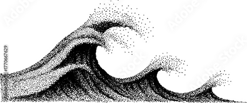 Surging ocean wave in stipple art - black and white illustration for decor or print
