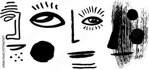 Minimalist abstract faces with black and white doodles for creative design