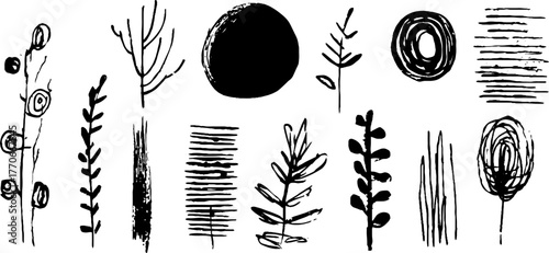 Minimalist abstract black and white doodles featuring roots and nature elements for creative design projects