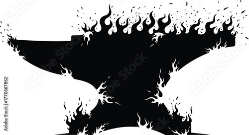 Anvil on Fire Black and White Vector Graphic with Intense Flames Silhouette