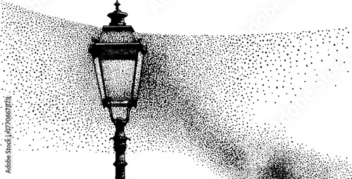 Vintage black and white illustration of glowing streetlamp with halftone effect
