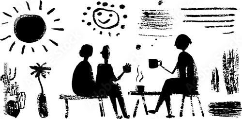 Minimalist abstract doodles set featuring black and white scenes with people and nature elements