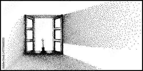 Winter scene with frosty open window and candlelight for holiday design