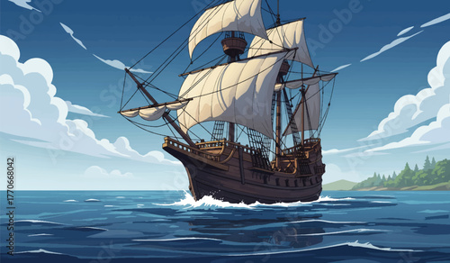 Majestic tall ship sailing on a vast sea voyage