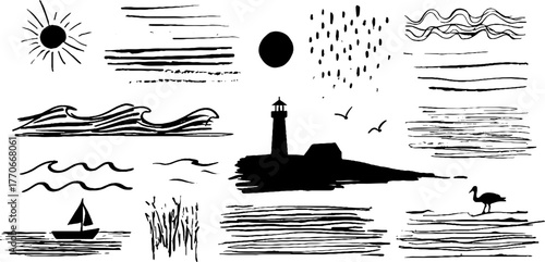Minimalist abstract sea-themed doodles with lighthouse and waves for design