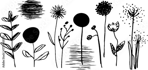 Minimalist abstract black and white floral doodle collection for seasonal design