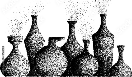 Ancient amphorae dotwork illustration - black and white artwork for vintage design
