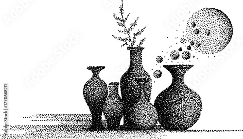 Vintage black and white illustration of ancient amphora with halftone effect for art and design