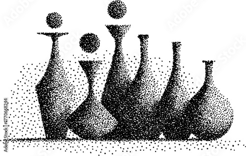 Black and white dotwork illustration of ancient amphorae arrangement for vintage art decor