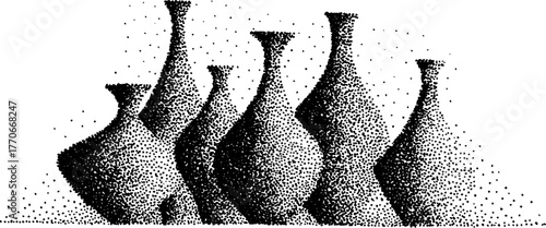 Black and white illustration of ancient amphorae in dotwork style for vintage design
