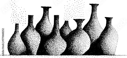 Black and white dotwork illustration of ancient amphorae arrangement