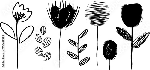 Minimalist black and white spring flower doodles collection for design projects