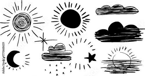 Minimalist abstract black and white doodles of sun, moon, and clouds for creative design