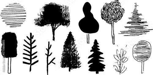 Minimalist abstract black and white tree doodles for design and art projects