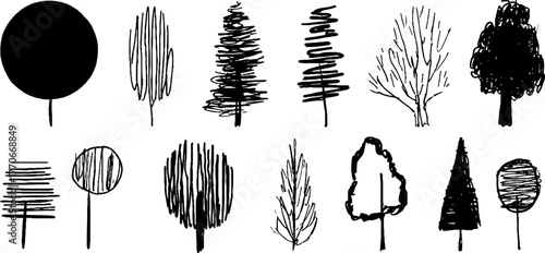 Minimalist abstract black and white tree doodles for artistic design projects