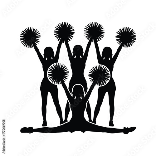 Silhouette of cheerleaders with pom poms cheerleading team