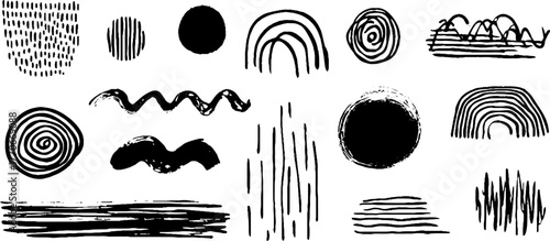 Minimalist black and white abstract doodles set for vintage design projects
