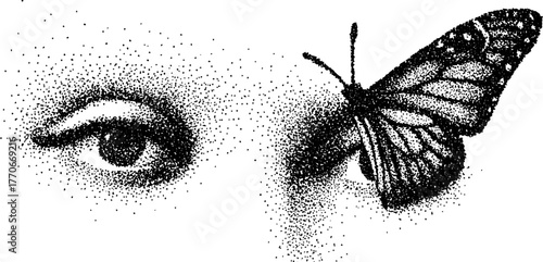 Black and white butterfly and eye artwork with halftone dot effect for posters or cards