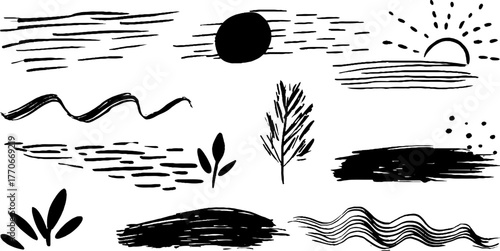 Minimalist abstract black and white doodles set depicting wind and nature elements