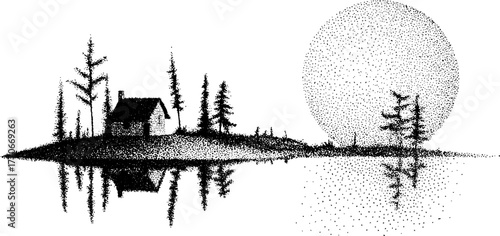 Tranquil cabin reflection in frozen lake: black and white landscape illustration