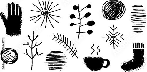 Minimalist black and white winter elements doodle set for seasonal design