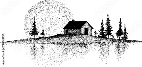 Tranquil cabin and pine trees reflecting in frozen lake, black and white stipple art