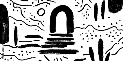 Minimalist abstract architectural landscape in black and white for modern art decor