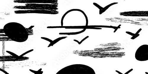 Minimalist abstract black and white landscape with flying birds for art design