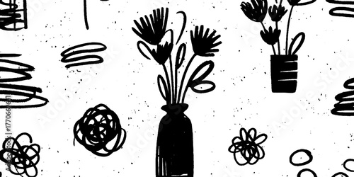 Minimalist abstract black and white floral composition for modern design