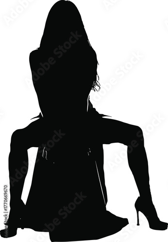 Silhouette of Woman Sitting in Confident Straddle Pose Wearing Heels and Dress for Fashion, Lifestyle, and Vector Stock Illustration Use