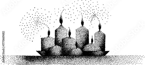 Black and white candle cluster on tray with halftone effect for vintage design