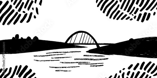 Minimalist abstract black and white landscape with bridge for modern design