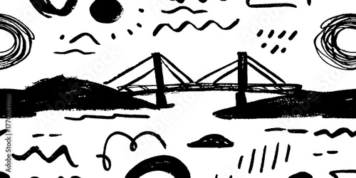 Minimalist abstract bridge landscape in black and white for modern design