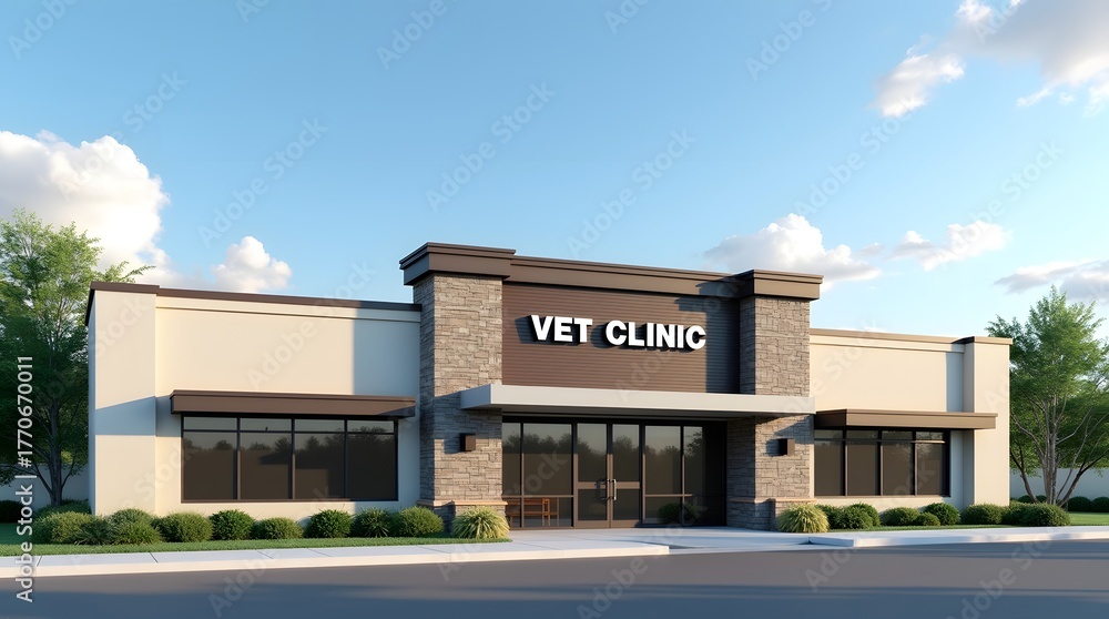 Naklejka premium Modern veterinary clinic exterior with stone accents and large windows under a clear blue sky.