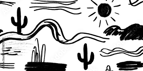 Minimalist abstract black and white desert landscape with cacti and sun elements