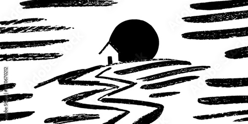 Minimalist abstract black and white field path landscape for design