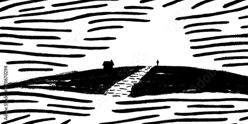 Minimalist abstract black and white landscape with field path and lone figure