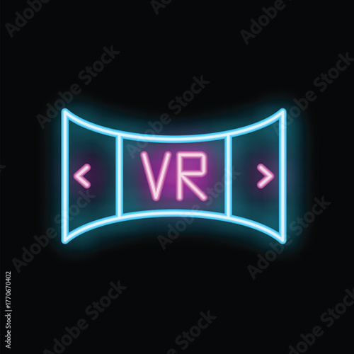 Neon sign representing a panoramic view through a vr headset, with arrows pointing sideways