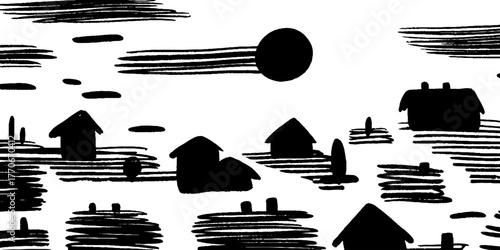 Minimalist abstract black and white landscape of hillside village scene