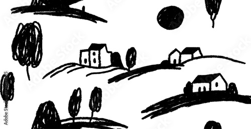 Minimalist abstract black and white hillside village landscape for artistic design