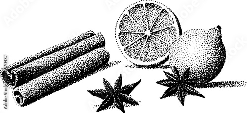 Black and white spice illustration with cinnamon sticks and star anise for vintage design